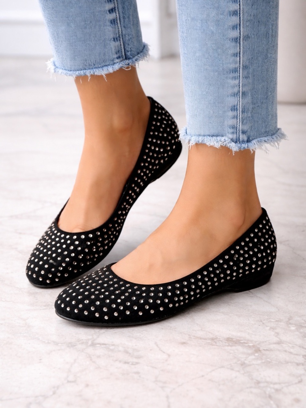 PELLE Glyn Black Suede Flats with Rhinestone Studs